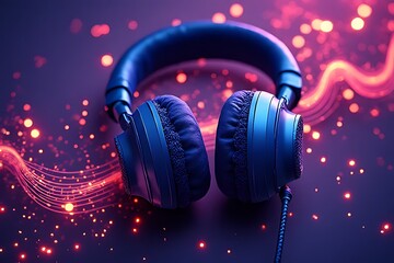 Fototapete - Listening to music with headphones studio setting digital art abstract background close-up sound waves