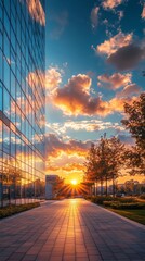 Poster - As evening approaches, the sun sinks below the horizon, casting a warm glow on gleaming glass buildings while clouds reflect fiery hues across the sky. Trees stand quietly along the pathway