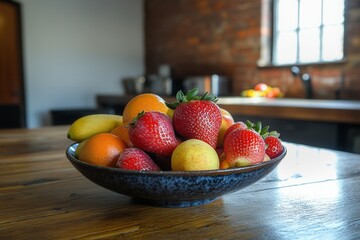 Aufkleber - Fresh fruit beautifully arranged in a bowl on a rustic wooden table in a cozy kitchen setting