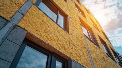 Aufkleber - Bright yellow insulation covers the exterior of a newly constructed building