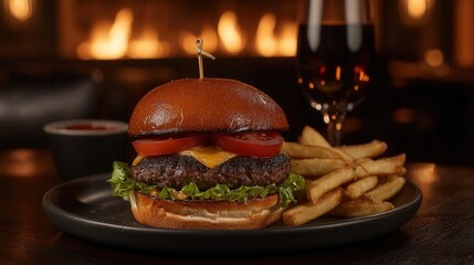 Aufkleber - Cheeseburger garnished with lettuce, tomato, and cheese served with fries and a drink in a cozy restaurant setting near a fireplace