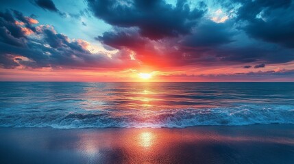 Aufkleber - As the sun sets on the horizon, vibrant hues of orange and pink fill the sky, reflecting on gentle ocean waves. Soft clouds drift above, enhancing the serene atmosphere along the shoreline