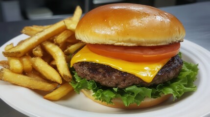 Aufkleber - Delicious cheeseburger served with crispy fries in a casual dining setting