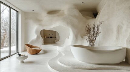 Poster - Curved lines and soft textures define this unique bathing space, where a sculptural tub invites relaxation against a backdrop of nature, creating a calming oasis