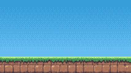 Aufkleber - 8-bit pixel art game level background. side scrolling game. blue sky. simple game map template. 2D retro video game style. pixelated vector graphics. 