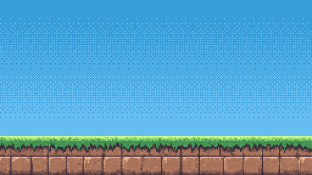 8-bit pixel art game level background. side scrolling game. blue sky. simple game map template. 2D retro video game style. pixelated vector graphics. 