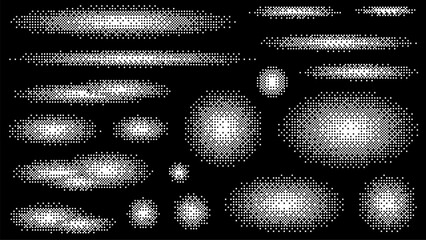 Aufkleber - pixel art vector elements of various shapes and sizes in white halftone on a black background. Set of pixel comic dots. Retro style design element. Vector illustration.