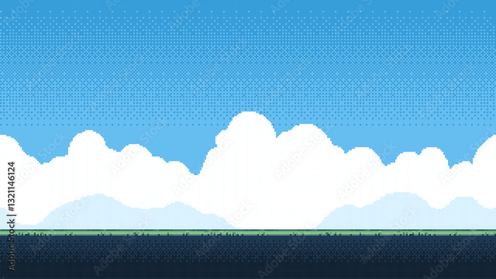 8-bit pixel art game level background. side scrolling game. blue sky ...