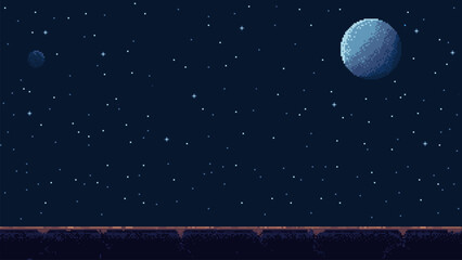 Aufkleber - pixel art space game level background, 8 bit retro style video game. Starry sky. Planet surface with rocks. side view simple game level template. Vector illustration.