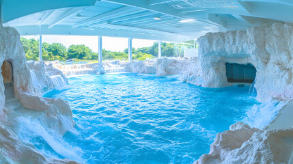 Aufkleber - A serene swimming pool surrounded by white rock formations, featuring clear blue water and natural light streaming through large windows