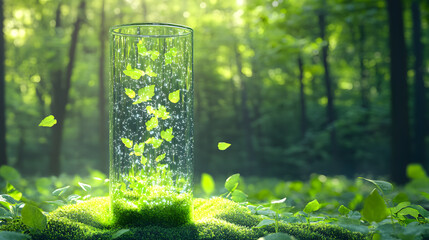 Poster - A glass cylinder surrounded by lush greenery, with small leaves floating inside, symbolizing nature and purity in a serene forest setting