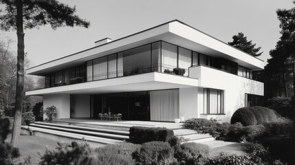 Aufkleber - This striking building showcases sleek lines and large glass panels, reflecting the harmony between modern design and nature. A tranquil garden complements its minimalist elegance