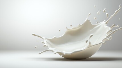 Poster - Fresh milk spills from a bowl, creating an elegant splash that defies gravity. image shows the fluid motion and details of the milk against a light, smooth backdrop