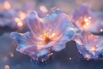 Poster - Glowing bioluminescent flowers drift through a cosmic nebula. Their shimmering petals exhibit shades of purple, blue, and gold, merging nature with the vastness of space in a captivating scene