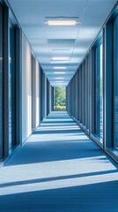 Poster - Bright sunlight streams through large windows in a well-designed office corridor, highlighting the sleek blue carpeting and creating a serene atmosphere
