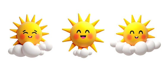 Poster - three cheerful sun emojis with smiling faces, surrounded by fluffy clouds.
