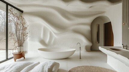 Poster - A stunning bathroom features a sculptural white wall and an elegant freestanding bath