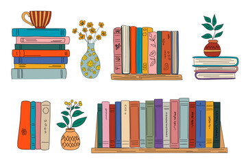 Books pile on shelf. Bookshelves, home library. Many school textbooks, fiction and art literature for education, learning, studying. Flat graphic vector illustration isolated, transparent background 