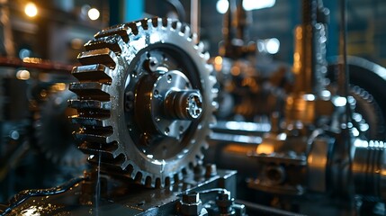 Poster - Close-Up of a Large Metal Gear in an Industrial Machine with Oil and Machinery Background