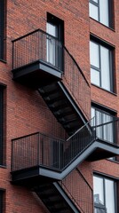 Aufkleber - Striking black metal staircases gracefully ascend and descend the facade of a contemporary red brick building, highlighting modern architecture and urban living