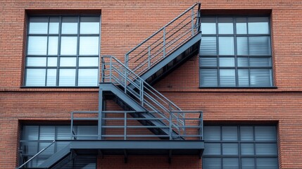 Aufkleber - A contemporary red brick building showcases large windows and a stylish metal staircase. This unique design captures the essence of urban architecture against a bright blue sky