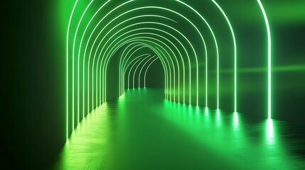 Wall Mural - futuristic hallway with neon green lights and curved arches for modern architecture and design inspi