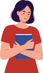 Poster - Woman holding a book with a thoughtful expression in flat vector illustration