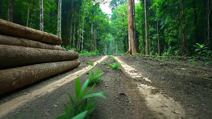 Wall Mural - a forest path with cut logs stacked on one side, tree stumps scattered on the ground, and new growth