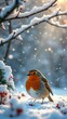 © Beniamin - European robin in snowy winter wonderland with red berries on branch