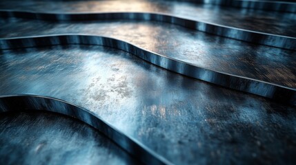 Fototapete - Waves of steel sheets lie on a factory floor, illustrating the intricate craftsmanship involved in manufacturing. The light reflects off the surfaces, highlighting their metallic texture.