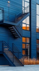 Poster - An artistic blend of modern design and utility showcases a blue exterior building adorned with a striking staircase. The warm glow from windows contrasts beautifully with twilight hues