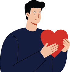 Poster - Man holding a red heart in flat style vector art