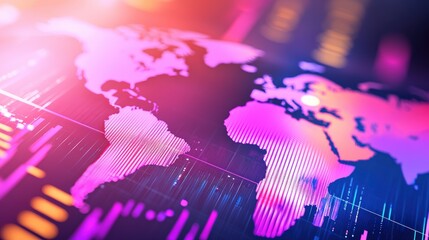 Poster - A vibrant, abstract representation of the world map with colorful gradients and digital elements, suggesting connectivity and global interaction.