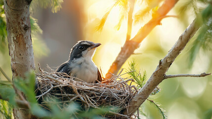 close-up of bird nest on tree with little bird on green natural background