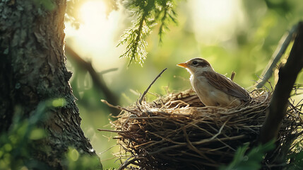 Wall Mural - close-up of bird nest on tree with little bird on green natural background
