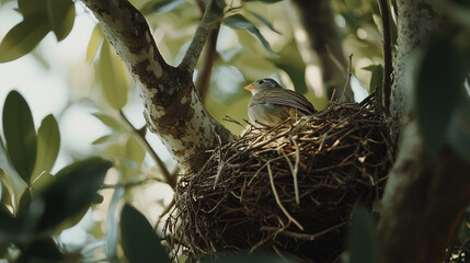 Wall Mural - close-up of bird nest on tree with little bird on green natural background
