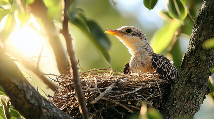 close-up of bird nest on tree with little bird on green natural background