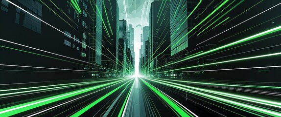 Poster - dark urban city background with green streaks light rays motion and energy concept digital abstract artwork
