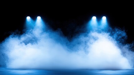 Aufkleber - A dramatic scene with blue stage lights illuminating white smoke against a dark backdrop, creating an atmospheric effect.