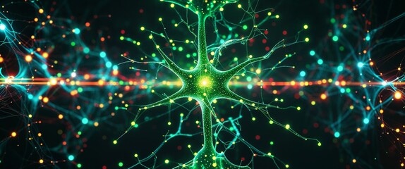 Poster - green neural network neuron connection colorful dark background motion and energy concept modern and futuristic digital abstract artwork background
