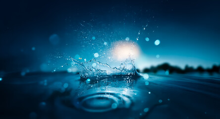 Leinwandbilder - Water drop impact creates splash and ripples on dark blue surface. A captivating moment captured in motion with bokeh lights in background.