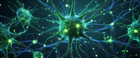 Poster - green neural network neuron connection cyan dark background motion and energy concept modern and futuristic digital abstract artwork background