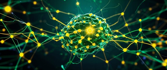 Aufkleber - green neural network neuron connection yellow dark background motion and energy concept modern and futuristic digital abstract artwork background