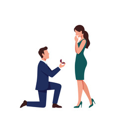 Poster - Proposal scene featuring a man kneeling with an engagement ring in flat vector art