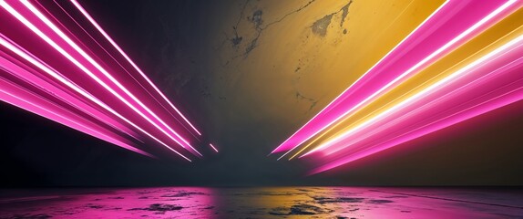 Poster - pink diagonal streaks light rays on yellow dark background motion and energy concept modern and futuristic digital abstract artwork background