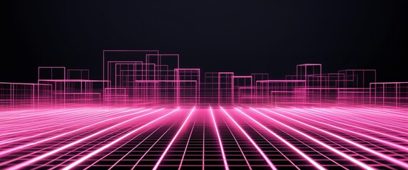 Aufkleber - pink mesh grid glowing light rays on black dark background motion and energy concept modern and futuristic digital abstract artwork background