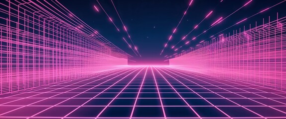 Poster - pink mesh grid glowing light rays on blue dark background motion and energy concept modern and futuristic digital abstract artwork background