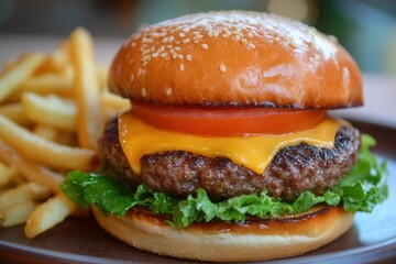 Aufkleber - Delicious cheeseburger with fresh toppings served on a plate alongside crispy fries in a casual dining setting
