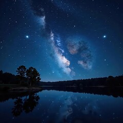 Wall Mural - Starry night sky mirrored in tranquil lake, trees reflected , landscape, serene