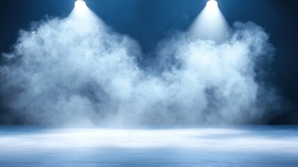 Poster - A misty stage illuminated by two spotlight beams, creating an atmospheric scene perfect for performances or events.